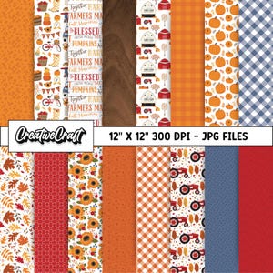 May include: A set of 12 digital papers featuring fall-themed patterns. The patterns include pumpkins, sunflowers, gingham, leaves, and tractors. The papers are 12 inches by 12 inches and 300 DPI.