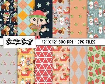 12 Christmas Woodland Digital Papers 300 DPI Maximum Quality, Christmas scrapbook, Christmas paper designs, instant download, christmas
