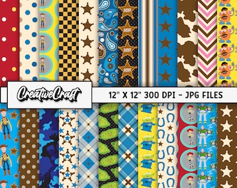 May include: A set of 18 digital paper designs featuring characters from the Toy Story movie franchise. The designs include patterns with Woody, Buzz Lightyear, Jessie, and other characters. The papers are 30.5 cm by 30.5 cm and 300 DPI.