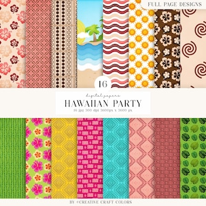 Puede incluir: Una colección de 16 papeles digitales titulada HAWAIIAN PARTY, con patrones de flores de hibisco, playas tropicales, soles, olas y formas geométricas. Cada archivo mide 3600px por 3600px con una resolución de 300 dpi.