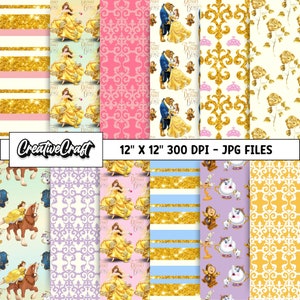 12 Papeles Digitales Bella y Bestia 300 DPI Máxima Calidad, scrapbooking princesa, diseños imprimibles bella y bestia, descarga instantánea