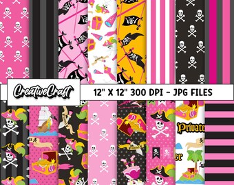 16 Pirates Girl Digital Papers 300 DPI Maximum Quality, pirate girl digital scrapbook, pirates girl printable paper design, instant download