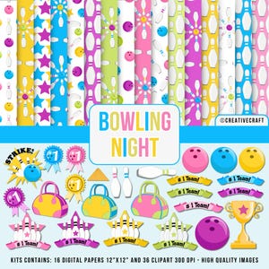 Puede incluir: Un conjunto de papel digital y clipart para una fiesta de bolos. El conjunto incluye 16 papeles digitales con varios patrones de temática de bolos, como bolos, bolas de bolos y estrellas. El clipart incluye 36 imágenes de bolos, bolas de bolos, bolsas, trofeos y cintas. El texto "BOWLING NIGHT" aparece en la imagen. El conjunto mide 30,5 cm por 30,5 cm y 300 DPI.