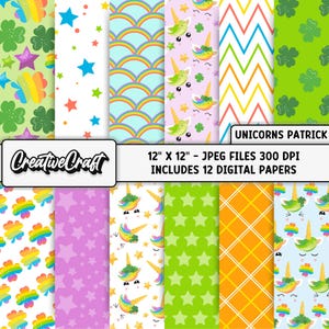 12 carte digitali a forma di unicorno per il giorno di San Patrizio, carte per scrapbooking per il giorno di San Patrizio, carte stampabili a forma di unicorno, carte digitali per il giorno di San Patrizio