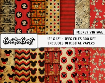 14 Mickey Vintage Digital Papers 300 DPI Maximum Quality, mickey scrapbooking, mickey vintage printables papers designs, instant download