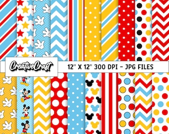 20 Mickey the Mouse Digital Papers 300 DPI Maximum Quality, mickey scrapbooking, mickey the mouse printable paper designs, instant download