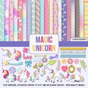 May include: A digital paper and clipart set featuring a unicorn theme. The set includes 20 digital papers with various patterns, including rainbows, stars, and flowers. The clipart includes 50 images of unicorns, hearts, flowers, and other magical elements. The text "MAGIC UNICORN" is displayed in the center of the image.