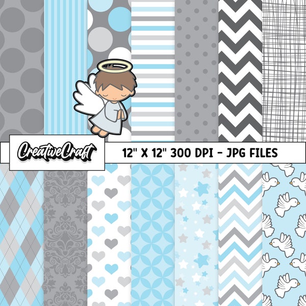 14 Boy Baptism Digital Papers 300 DPI Maximum Quality, boy baptism scrapbooking, baptism paper designs, instant download, first communion