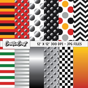 以下が含まれることがあります： JPG形式のデジタルペーパーパターン10個セット。各パターンは30.48cm×30.48cm、300DPIです。パターンには、ストライプ、ドット、チェック、ヘリンボーンなど、赤、黒、白、グレー、黄、緑など様々な色のデザインが含まれています。