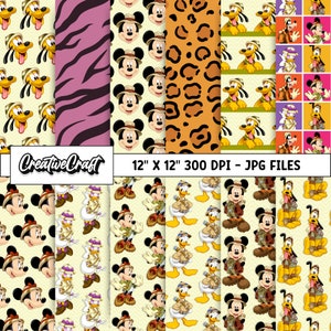 12 Mickey Safari Digital Papers 300 DPI Maximale Qualität, Mickey Scrapbooking, Mickey druckbare Papierdesigns, sofortiger Download