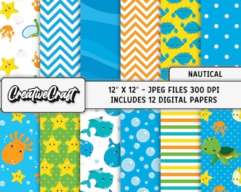12 Papeles Digitales Marinos 12x12, Kit Oceano Infantil Nautico Papeles Scrapbook, Fondo Peces Verano Imprimible, nautical digital papers