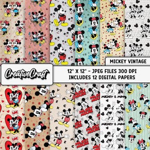 12 digitale Vintage-Papiere mit Mickey Mouse, maximale Qualität (300 DPI), ideal für Scrapbooking, zum Ausdrucken, sofortiger Download