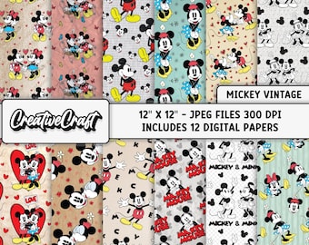 12 Papeles Digitales Mickey Vintage 300 DPI Máxima Calidad, scrapbooking mickey, diseños papeles imprimibles mickey, descarga instantánea