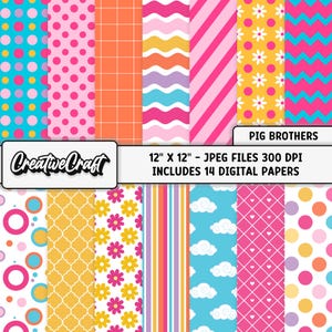 14 Papeles Digitales Hermanos Cerdo Rosa 300 DPI Máxima Calidad, scrapbooking cerdita, diseños de papeles cerdita, descarga instantánea