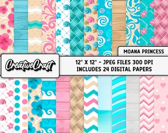 24 Moana Princess Digital Papers 300 DPI Maximum Quality, moana scrapbooking, moana princess printables papers designs, instant download
