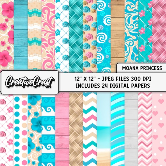 24 Papeles Digitales Princesa Moana 300 DPI Máxima Calidad, scrapbooking moana, diseños de papeles imprimibles moana, descarga instantánea