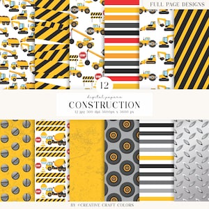 Può includere: Una collezione di 12 carte digitali a tema cantiere con escavatori gialli, autocarri con cassone ribaltabile, rulli compressori, segnali di stop, coni stradali, strisce di pericolo, texture metalliche, motivi di pneumatici e strisce.