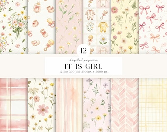 12 Baby Girl Digital Papers , Pink Yellow Watercolor Floral Bows Bottles Backgrounds, Baby Shower Scrapbook papers, gender reveal designs