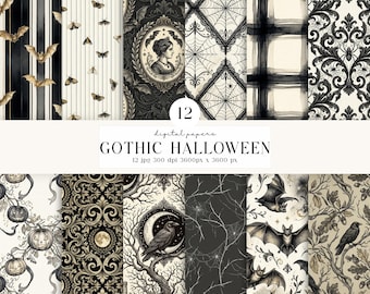 12 Gothic Halloween Digital Papers, Vintage Watercolor Designs, scrapbook paper, Junk Journal, halloween background printable designs