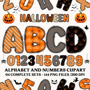 Könnte beinhalten: Halloween-Alphabet- und Zahlen-Cliparts. Das Design zeigt Buchstaben und Zahlen in Orange, Schwarz und Grau mit Kürbis- und Fledermausmotiven. Der Text "HALLOWEEN" wird über dem Alphabet angezeigt.