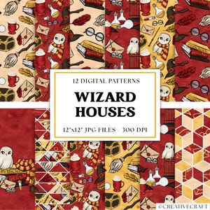 Puede incluir: Una colección de 12 patrones digitales con temática de mago. Los patrones presentan búhos, botellas de pociones, libros y otros elementos mágicos en colores rojo, dorado y crema. El texto de la imagen dice "WIZARD HOUSES" y "12"x12" JPG FILES - 300 DPI."