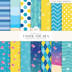以下が含まれることがあります： UNDER THE SEAと題された14種類のデジタルペーパーコレクション。青いストライプ、黄色と青の水玉模様、ティール色の波、花の形をした黄色い模様、青いシェブロン、アーガイル、泡とピンクのクラゲなど、様々なパターンが特徴です。