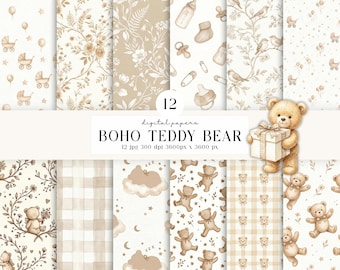 12 Boho Teddy Bear Watercolor Digital Paper, Stroller Flowers Clouds Baby Shower, Designs Scrapbook Nursery Instant Download, neutral baby