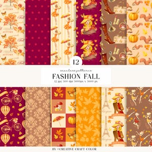 12 Patrones sin fisura Moda Otoño Vintage, Papeles digitales fashion fall Calabazas Ardillas, diseños papeles scrapbook, fondos imprimibles