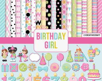 Kit Birthday Girl Digital Paper and Clipart 300 DPI Maximum Quality, birthday scrapbook, printable birthday clipart, birthday digital paper