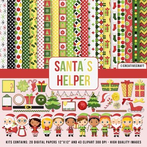 Puede incluir: Un conjunto de papel digital y clipart con los ayudantes de Santa. El conjunto incluye 20 papeles digitales de 12x12 pulgadas y 43 imágenes clipart. El clipart incluye duendes, Santa y otros elementos navideños. Los papeles digitales presentan varios patrones navideños, incluyendo lunares, rayas y copos de nieve.