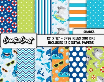 12 Sharks Digital Papers 300 DPI Maximum Quality, sharks digital scrapbook, sharks printables papers designs, nautical digital papers