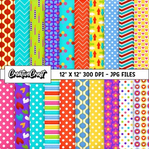 Puede incluir: Un conjunto de 12 patrones de papel digital en varios colores y diseños, que incluyen lunares, rayas, zigzags, corazones y flores. Los papeles son de 30,48 cm por 30,48 cm y 300 DPI. CreativeCraft - Archivos JPG