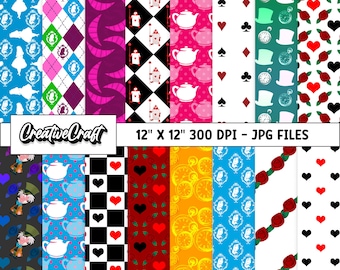 16 Alice in Wonderland Digital Papers 300 DPI Maximum Quality, Alice wonderland scrapbook, Alice Wonderland paper designs, instant download