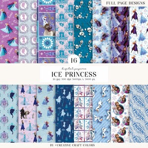 16 Papeles Digitales Princesa Frozen 300 DPI Máxima Calidad, scrapbooking frozen, diseños papeles imprimibles frozen, descarga instantánea