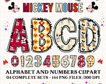 Mickey Mouse alphabet clipart PNG. 4 styles with mickey mouse cliparts. mickey alphabet letters, mickey png cliparts, numbers clipart png