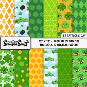 12 Papeles Digitales San Patricio Verde, Kit Scrapbook Infantil Trébol Arcoíris, Fiesta St Patrick Papeles Imprimibles, st patrick papers