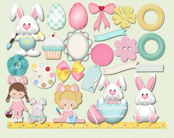 Könnte beinhalten: Ein Set mit 32 digitalen Clipart-Bildern zum Thema Ostern. Die Bilder beinhalten Hasen, Eier, Blumen, Bänder und andere Frühlingsmotive. Die Bilder sind in einer Pastellfarbpalette gehalten und eignen sich perfekt zum Erstellen von Osterbastelarbeiten, Karten und anderen Projekten.