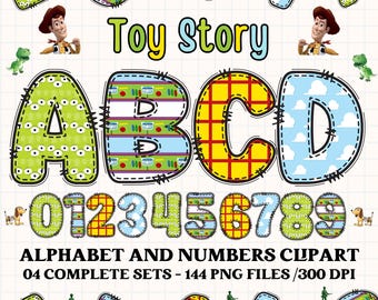 May include: A colorful digital clipart set featuring the "Toy Story" theme. The image includes the alphabet and numbers, each with unique patterns and designs. The text reads "ALPHABET AND NUMBERS CLIPART" and "04 COMPLETE SETS - 144 PNG FILES / 300 DPI".
