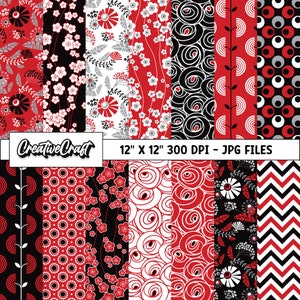 Peut inclure: Un ensemble de 12 papiers numériques à motifs en rouge, noir et blanc. Les motifs comprennent des motifs floraux, des formes géométriques et des pois. Les papiers mesurent 30,48 cm sur 30,48 cm et 300 DPI.