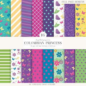 Op de afbeelding: Een collectie van 16 digitale papieren genaamd Colombian Princess, met patronen van vlinders, bloemen, stippen, strepen en rasters in levendige kleuren zoals paars, geel, roze, blauw en groen, met tekst 16 jpg 300 dpi 3600px x 3600 px.