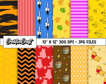 May include: A set of 10 digital paper designs featuring Winnie the Pooh characters and themes. The designs include a yellow and black striped pattern, a red and white striped pattern, a blue pattern with white bows, a yellow pattern with green leaves, a pink and white striped pattern, a yellow pattern with bees, a yellow pattern with honeycombs, a black and orange chevron pattern, a red pattern with pink bears, and a brown pattern with honey pots and bees. The designs are 12 inches by 12 inches and 300 DPI.