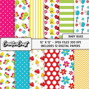 Pode incluir: Pacote de papel digital com vários padrões, incluindo bolinhas, listras e desenhos florais. Os desenhos incluem bichinhos, borboletas, joaninhas, abelhas e cogumelos. O texto na imagem diz "BABY BUGS" e "12" X 12" - JPEG FILES 300 DPI INCLUDES 12 DIGITAL PAPERS."