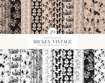 20 Papeles Digitales Mickey Vintage 300 DPI Máxima Calidad, scrapbooking mickey, diseños papeles imprimibles mickey, descarga instantánea