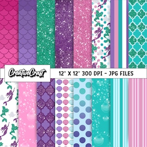 16 Little Mermaid Digital Papers 300 DPI Qualité maximale, scrapbooking princesse Ariel, dessins en papier petite sirène, téléchargement instantané