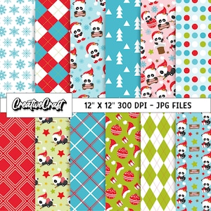 Pode incluir: Uma coleção de papéis digitais com tema natalino. Os designs incluem flocos de neve, padrões de losangos, pandas com chapéus de Papai Noel, árvores de Natal e bolinhas. Os papéis são arquivos JPG de 30,48 cm x 30,48 cm.