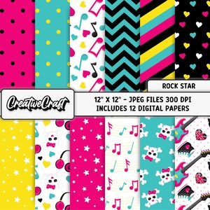 Könnte beinhalten: Eine Sammlung von 12 digitalen Papieren mit Rock'n'Roll-Themen. Die Papiere zeigen verschiedene Muster, darunter Punkte, Noten, Herzen, Sterne und einen Totenkopf mit Kopfhörern. Die Farbpalette umfasst Pink, Türkis, Gelb, Schwarz und Weiß. Die Papiere sind 30,48 cm x 30,48 cm groß.