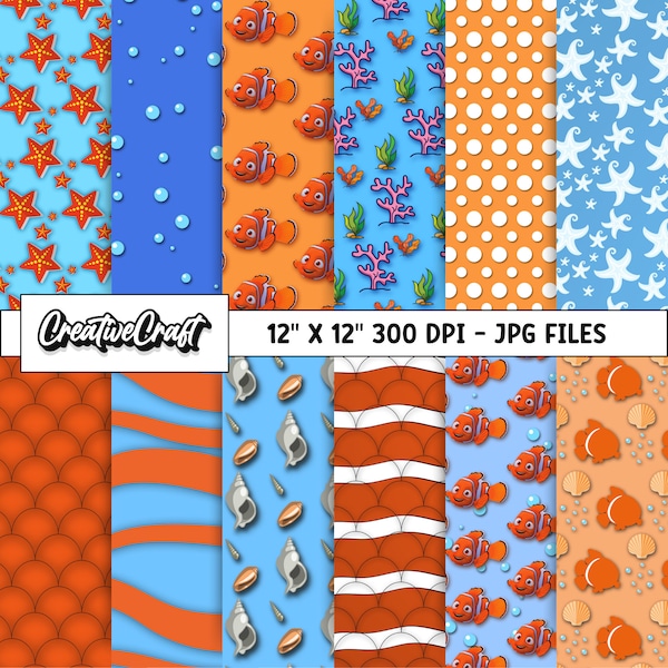 12 Finding Nemo Digital Papers 300 DPI Maximum Quality, finding nemo scrapbooking, finding nemo printables papers designs, instant download