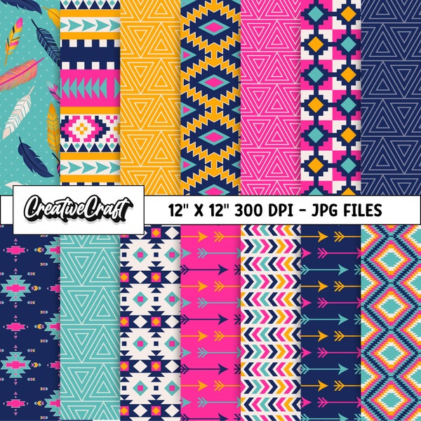 14 Tribal Digital Papers 300 DPI Maximum Quality, tribal scrapbook ethnic aztec tribal paper designs, instant download, tribal backgrounds