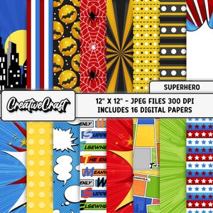 16 Papeles Digitales Comics Superhéroes 300 DPI Máxima Calidad, scrapbooking superheroes, diseños papeles superheroes, descarga instantánea