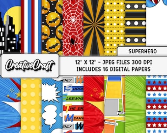16 Superhero Comics Digital Papers 300 DPI Maximum Quality, superhero comics scrapbooking, superhero comics paper designs, instant download